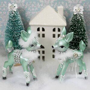 Mint Green Deer Bottle Brush Trees Vignette: Christmas Deer Trees House Set
